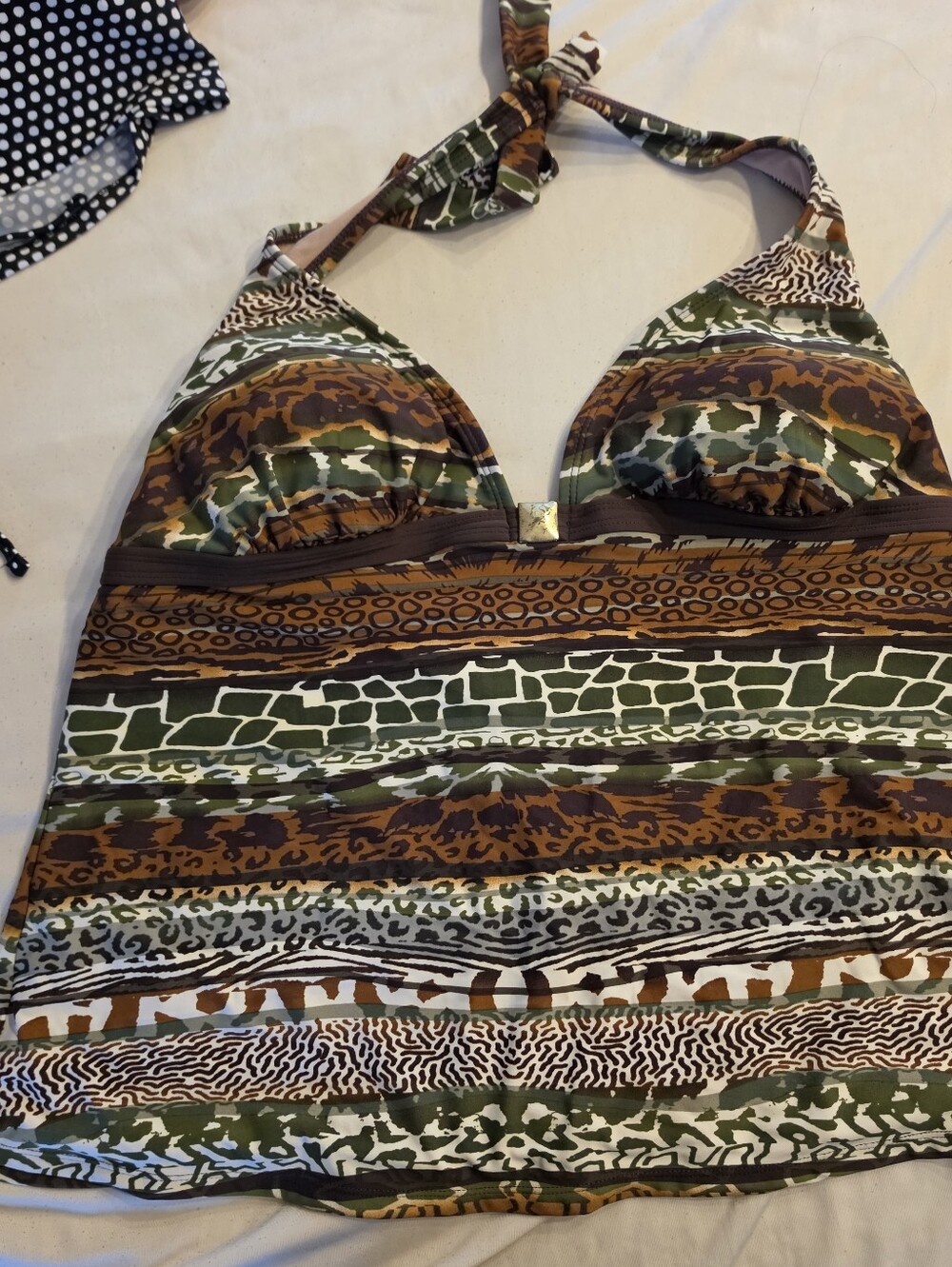 Jaclyn Smith Olive Green and Brown Patterned Tankini Halter Top
